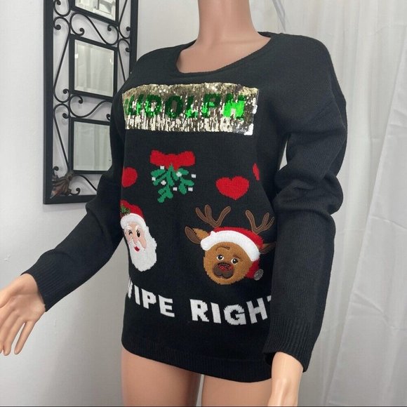 Merry&Bright Sequined Swipe Right Signed Christmas Sweater SZ M Rudolph - Santa - Picture 10 of 12
